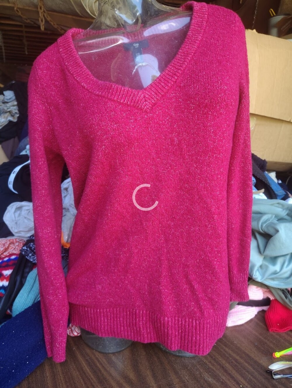 GAP Women's V-Neck Sweater in Raspberry Pink with Subtle Shimmer